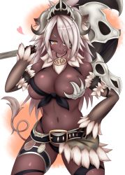 Rule 34 | 1girl, animal ears, artist request, asymmetrical clothes, asymmetrical pasties, asymmetrical top, axe, belt, blush, breasts, cleavage, dark-skinned female, dark skin, female focus, female orc, heart, high orc (monster girl encyclopedia), highres, large breasts, looking at viewer, monster girl encyclopedia, navel, orc, pasties, red eyes, revealing clothes, ribbon, ribbon bra, scar, smile, solo, standing, thighs, weapon, white hair