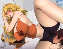 Rule 34 | 1boy, 1girl, absurdres, against wall, ahoge, ass, bare shoulders, bike shorts, blonde hair, blush, breasts, brown hair, cameltoe, cleavage, cleft of venus, highres, large breasts, leg up, long hair, looking at another, midriff, nachocobana, navel, open mouth, orange shirt, oscar pine, prosthesis, prosthetic arm, purple eyes, rwby, shirt, short hair, spandex, tank top, thick thighs, thighs, tongue, tongue out, yang xiao long