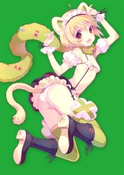 Rule 34 | 1girl, animal ears, ass, bare shoulders, blonde hair, blush, boots, breasts, brown eyes, cat ears, cat tail, character request, commentary request, copyright request, detached sleeves, frills, from behind, green thighhighs, highres, looking at viewer, looking back, maid headdress, nishimura eri, open mouth, panties, scarf, short hair, skirt, small breasts, smile, solo, tail, thighhighs, underwear, white panties, wrist cuffs