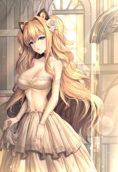 Rule 34 | 1girl, bad id, bad pixiv id, bare shoulders, blonde hair, blue eyes, breasts, cleavage, collarbone, covered erect nipples, detached sleeves, dress, flower, hair flower, hair ornament, large breasts, limeblock, long hair, looking at viewer, parted lips, rose, seeu, solo, standing, vocaloid, wedding dress, white dress, white flower, white rose