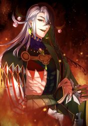 Rule 34 | 1boy, ashiya douman (fate), asymmetrical clothes, asymmetrical hair, bell, black eyes, black hair, covered abs, curly hair, earrings, embers, eyeshadow, fate/grand order, fate (series), fingernails, fire, green eyeshadow, green kimono, green lips, green nails, hair bell, hair between eyes, hair intakes, hair ornament, highres, japanese clothes, jewelry, kimono, lipstick, long hair, magatama, magatama earrings, makeup, male focus, malfoy (maruitinpoko), multicolored hair, nail polish, onmyouji, open clothes, open kimono, pectorals, ribbed sleeves, sharp fingernails, shikigami, smile, solo, split-color hair, toned, toned male, two-tone hair, upper body, very long fingernails, very long hair, white hair