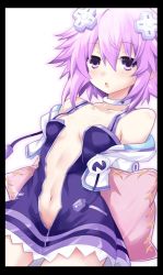 Rule 34 | 1girl, blush, breasts, choker, choujigen game neptune, cleavage, collarbone, cowboy shot, d-pad, hair ornament, iwashi dorobou -r-, jacket, long hair, looking at viewer, midriff, navel, neptune (neptunia), neptune (series), no bra, open clothes, open jacket, open mouth, pillow, purple eyes, purple hair, shiny skin, short hair, simple background, small breasts, solo, stomach, thighhighs, white background