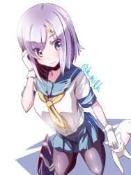Rule 34 | 10s, blue eyes, breasts, cat, gloves, hair ornament, hairclip, hamakaze (kancolle), kantai collection, light smile, miuku (marine sapphire), short hair, silver hair, simple background, solo, white background