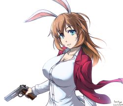 Rule 34 | 1girl, animal ears, artist name, blue eyes, blush, breasts, brown hair, charlotte e. yeager, cleavage, collarbone, covered erect nipples, dated, fumie umetora, gun, handgun, highres, jacket, large breasts, looking at viewer, open clothes, open jacket, parted lips, pistol, rabbit ears, rabbit girl, red jacket, shirt, simple background, solo, strike witches, upper body, weapon, white background, white shirt, world witches series