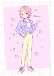 Rule 34 | 1boy, belt, border, ensemble stars!, full body, green belt, grid background, heart, highres, jacket, jewelry, long sleeves, looking at viewer, male focus, manamoko (fancy surprise!), multicolored background, multicolored shirt, necklace, oukawa kohaku, pants, pink background, pink footwear, pink hair, pink shirt, purple eyes, purple jacket, shirt, shoes, short hair, solo, star (symbol), white border, white shirt, yellow pants