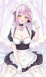 Rule 34 | 1girl, blue eyes, breasts, cleavage, highres, long hair, looking at viewer, maid, mika (blue archive), open mouth, pink hair, short sleeves, solo, suineco, valentine, wings, yellow eyes