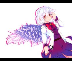 Rule 34 | 1girl, bow, bowtie, dress, feathered wings, jacket, kishin sagume, letterboxed, red eyes, short hair, simple background, single wing, solo, touhou, white background, white hair, wings, yukimimi