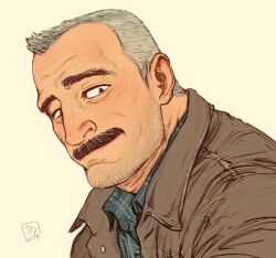 Rule 34 | 1boy, aaron gruber (o natsuo88), bara, beard stubble, brown jacket, facial hair, facial scar, grey hair, highres, jacket, looking at viewer, male focus, mature male, mustache, o natsuo88, old, old man, original, plaid, plaid shirt, portrait, receding hairline, scar, scar on cheek, scar on face, shirt, short hair, smile, solo, stubble, thick eyebrows, thick mustache, wrinkled skin, yellow background