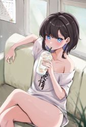 Rule 34 | 1girl, arm rest, bandaid, bandaid on hand, bare legs, blue eyes, blush, braid, breasts, brown hair, calendar (object), collarbone, colored inner hair, couch, crossed legs, cup, disposable cup, drink, drinking straw, drinking straw in mouth, earrings, feet out of frame, hair behind ear, highres, holding, holding drink, indoors, jewelry, looking at viewer, loose clothes, loose shirt, multicolored hair, on couch, original, otsu hai18, shirt, short hair, short sleeves, sidelocks, single bare shoulder, sitting, small breasts, solo, stud earrings, swept bangs, thighs, white shirt