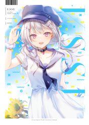 Rule 34 | 1girl, :d, absurdres, arm up, asumi sena, barcode, black collar, black neckwear, blue hat, blue sailor collar, blush, bow, cabbie hat, cattleya regina games, collar, collarbone, commentary request, cover, cover page, dress, fang, flower, grey bow, grey hair, hair bow, hair ornament, hat, heart collar, highres, long hair, looking at viewer, low twintails, multicolored hair, myusha, open mouth, purple hair, red eyes, sailor collar, sailor dress, smile, solo, streaked hair, sunflower, twintails, virtual youtuber, vspo!, white dress, yellow flower