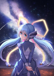 Rule 34 | 1girl, absurdres, armor, arms behind back, blue dress, blue eyes, blue hair, dress, faulds, floating hair, hair between eyes, headgear, highres, hoshino yumemi, kensei (ciid), long hair, long sleeves, looking at viewer, looking back, milky way, open mouth, planetarian, sky, solo, star (sky), starry sky, twintails, very long hair