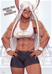 Rule 34 | 1girl, abs, absurdres, animal ears, bare shoulders, bike shorts, black shorts, boku no hero academia, breasts, cleavage, cowboy shot, crescent print, dark-skinned female, dark skin, english text, grin, hands on own hips, heart, highres, long eyelashes, long hair, looking at viewer, medium breasts, mirko, muscular, muscular female, navel, parted bangs, rabbit ears, rabbit girl, red eyes, shorts, signature, smile, solo, speedl00ver, sports bra, stomach, sweat, thighs, very long hair, white hair, white sports bra, wristband