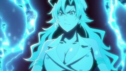 Rule 34 | animated, anime screenshot, bleach, bleach: sennen kessen-hen, breasts, candice catnipp, cleavage, electricity, energy, glowing, hat, large breasts, long hair, peaked cap, revealing clothes, screencap, tagme, video
