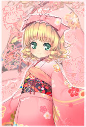 Rule 34 | 1girl, alternate costume, black sash, blonde hair, blush, bow, closed mouth, commentary request, cowboy shot, drill hair, flat chest, floral print, food print, frilled bow, frills, green eyes, hair bow, highres, hinaichigo, japanese clothes, kimono, looking at viewer, obi, pink bow, pink kimono, pokomi, print kimono, print sash, rozen maiden, sash, short hair, smile, solo, strawberry print, zoom layer