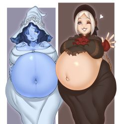 Rule 34 | 2girls, bloodborne, blue eyes, blue hair, blue skin, breasts, colored skin, elden ring, extra arms, female focus, fingerless gloves, gloves, grey eyes, hat, heart, hellbrain, highres, large breasts, matching hair/eyes, multiple arms, multiple girls, one eye closed, plain doll, pregnant, ranni the witch, sweat, white hair, wide hips, witch hat