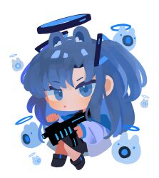 Rule 34 | 1girl, animal ears, black footwear, black skirt, blue archive, boots, drone, gun, halo, highres, holding, holding gun, holding weapon, jacket, long hair, long sleeves, looking at viewer, mechanical halo, open clothes, open jacket, parted lips, purple eyes, purple hair, rabbit ears, shirota (petapeta84), simple background, skirt, solo, weapon, white background, white jacket, yuuka (blue archive)