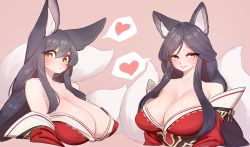Rule 34 | 1girl, absurdres, ahri (league of legends), animal ears, animification, black hair, blush, breasts, cleavage, closed mouth, fox ears, fox tail, heart, highres, huge breasts, japanese clothes, kimono, league of legends, long hair, looking at viewer, multiple tails, multiple views, orange eyes, parted lips, pink background, red kimono, spoken heart, tail, whisk, yabby, yellow eyes