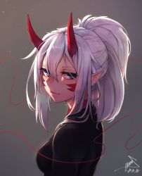 Rule 34 | 1girl, artist name, black shirt, blue eyes, breasts, closed mouth, dated, expressionless, grey background, hair between eyes, highres, hoipus, horns, looking at viewer, medium breasts, medium hair, original, ponytail, shirt, signature, solo, upper body, white hair