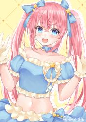 Rule 34 | 1girl, :d, blue choker, blue eyes, blue shirt, bow, choker, collarbone, crop top, detached sleeves, fujimori shiki, gloves, hair bow, hands up, highres, kirano sion, liver city, long hair, looking at viewer, midriff, navel, open mouth, pink hair, ribbon choker, shirt, smile, solo, stomach, twintails, upper body, virtual youtuber, yellow gloves