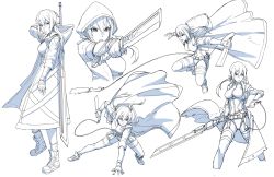 Rule 34 | 1girl, absurdres, action, dynamic pose, floating clothes, highres, holding, holding knife, holding sword, holding weapon, knife, long hair, monochrome, multiple views, original, sketch, sword, weapon, zen (jirakun)