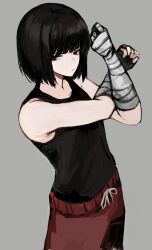 Rule 34 | 1girl, absurdres, badnick69 (camchi), bandaged arm, bandaged hand, bandages, black hair, black shirt, blunt bangs, bob cut, closed mouth, commentary request, grey background, highres, limbus company, looking at viewer, pants, project moon, red eyes, red pants, ryoshu (project moon), shirt, short hair, simple background, solo, standing, tank top