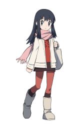 Rule 34 | 1girl, alternate costume, bad id, bad twitter id, bag, black hair, boots, brown skirt, clenched hand, closed mouth, commentary request, creatures (company), dawn (pokemon), eyelashes, full body, game freak, grey eyes, grey footwear, hand up, handbag, highres, holding strap, jacket, long hair, long sleeves, looking at viewer, nintendo, open clothes, open jacket, pantyhose, pink scarf, pokemon, pokemon dppt, red shirt, scarf, shirt, sidelocks, skirt, solo, standing, white jacket, yoshi (moco1)
