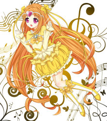 Rule 34 | 10s, 1girl, bass clef, beamed quavers, boots, bow, brooch, bubble skirt, choker, circlet, cure muse, cure muse (yellow), dress, frills, hair ribbon, heart, hoxi, jewelry, knee boots, long hair, magical girl, musical note, open mouth, orange hair, pink eyes, precure, quaver, ribbon, sharp sign, shirabe ako, skirt, solo, suite precure, treble clef, yellow bow, yellow dress, yellow skirt