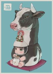 Rule 34 | 1girl, animal costume, barefoot, black eyes, black hair, blue background, blunt bangs, blush, border, chinese zodiac, closed mouth, cow, drinking straw, drinking straw in mouth, ebimomo, highres, jar, milk, original, short hair, sitting, solo, white border, year of the ox