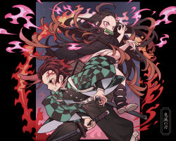 Rule 34 | 1boy, 1girl, absurdres, black hair, black kimono, brother and sister, brown eyes, brown hair, checkered clothes, checkered kimono, claws, earrings, fighting stance, fire, frown, gag, highres, holding, holding sword, holding weapon, japanese clothes, jewelry, kamado nezuko, kamado tanjirou, kanji, kimetsu no yaiba, kimono, long hair, meremero, pink eyes, scar, scar on face, short hair, siblings, sword, weapon, wide sleeves
