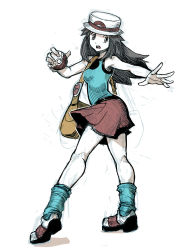 Rule 34 | 00s, 1girl, bag, bare arms, bare shoulders, belt, blue shirt, blue socks, breasts, brown eyes, brown hair, creatures (company), from behind, full body, game freak, genzoman, hat, holding, kneehighs, kneepits, leaf (pokemon), leg warmers, legs, long hair, looking at viewer, looking back, looking to the side, loose socks, miniskirt, monochrome, nintendo, open mouth, outstretched hand, poke ball, poke ball (basic), poke ball print, pokemon, pokemon frlg, red skirt, shirt, shoes, simple background, sketch, skirt, sleeveless, sleeveless shirt, socks, solo, standing, white background