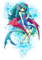 Rule 34 | 1girl, bad id, bad pixiv id, blue hair, colored skin, dress, drill hair, fish girl, green skin, high heels, kyousaku, leviathan (mygrimoire), monster girl, mygrimoire, original, partially submerged, red eyes, shoes, smile, soaking feet, solo, tail, water, wings