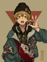 Rule 34 | 1boy, agatsuma zenitsu, artist name, bad id, bad twitter id, beanie, black shirt, blonde hair, blue coat, candy, candy bar, character name, coat, contemporary, drawstring, food, hat, headphones, headphones around neck, high eight (candy), highres, holding, holding food, hood, hoodie, kimetsu no yaiba, knapsack, looking at viewer, male focus, mitsudomoe (shape), nanaminn, open clothes, open coat, open mouth, print coat, print shirt, shirt, short hair, signature, solo, standing, tomoe (symbol), umaibou, yellow eyes, zipper