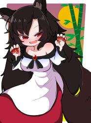 Rule 34 | 1girl, absurdres, animal ear fluff, animal ears, bamboo, blush, border, breasts, brooch, brown hair, claw pose, commentary request, cowboy shot, dress, fang, fingernails, frilled sleeves, frills, full moon, half-closed eyes, highres, imaizumi kagerou, jewelry, kunitori, large breasts, long hair, long sleeves, looking at viewer, medium bangs, moon, off-shoulder dress, off shoulder, open mouth, outside border, red brooch, red eyes, red nails, red skirt, skin fang, skirt, sleeveless, smile, solo, tail, touhou, white border, white dress, wolf ears, wolf girl, wolf tail