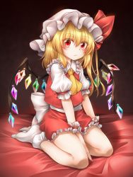 Rule 34 | 1girl, bed, blonde hair, blush, brown background, closed mouth, collar, crystal, eyes visible through hair, flandre scarlet, frills, hair between eyes, hat, hat ribbon, highres, jewelry, looking at viewer, marukyuu ameya, miniskirt, mob cap, multicolored wings, no shoes, on bed, one side up, puffy short sleeves, puffy sleeves, red eyes, red ribbon, red skirt, red vest, ribbon, ribbon-trimmed sleeves, ribbon trim, seiza, shirt, short hair, short sleeves, simple background, sitting, skirt, socks, solo, touhou, vest, wall, white collar, white hat, white shirt, white sleeves, white socks, wings, wrist cuffs, yellow neckwear