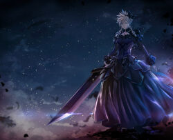 Rule 34 | 1boy, blonde hair, blue dress, bow, braid, buster sword, cloud strife, cloud strife (blue dress), commentary, crossdressing, dress, final fantasy, final fantasy vii, final fantasy vii remake, full body, glint, hair bow, highres, holding, holding sword, holding weapon, huge weapon, jewelry, light particles, long dress, long sleeves, looking at viewer, low twin braids, male focus, necklace, official alternate costume, saki (hxaxcxk), short hair, solo, spiked hair, sword, twin braids, weapon