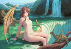 Rule 34 | 1girl, animal ears, bare arms, bare legs, bare shoulders, bigrbear, blue eyes, bracer, branch, breasts, brown hair, closed mouth, day, dragon, dragon ears, dragon girl, dragon tail, dragon wings, feet out of frame, highres, long hair, looking at viewer, medium breasts, mountain, naked tabard, original, outdoors, rock, sideboob, sidelocks, sitting, smile, solo, sunlight, tabard, tail, water, waterfall, wet, wet clothes, wings