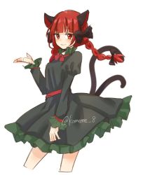 Rule 34 | 1girl, animal ears, bow, braid, cat ears, cat tail, dress, frills, gesture, green dress, highres, kaenbyou rin, komeme 8, multiple tails, nekomata, one-hour drawing challenge, red eyes, red hair, simple background, sketch, smile, solo, standing, tail, touhou, twin braids, two tails, white background