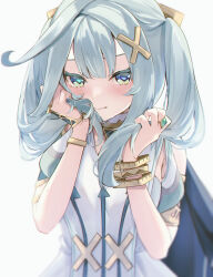 Rule 34 | 1girl, aqua hair, bare shoulders, bloom, blush, bracelet, closed mouth, clothing cutout, commentary request, cowlick, dress, faruzan (genshin impact), genshin impact, green eyes, hair ornament, hand in own hair, highres, jewelry, long hair, looking at viewer, neck ring, ring, short sleeves, shoulder cutout, simple background, solo, symbol-shaped pupils, thighlet, triangle-shaped pupils, twintails, upper body, ura (hamburg oniku), white background, white dress, wristlet, x hair ornament