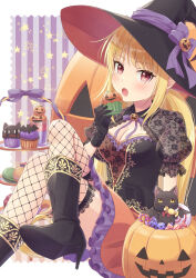 Rule 34 | 1girl, animal, bat (animal), blonde hair, blush, boots, breasts, brooch, candy, cat, cleavage, collared shirt, crossed legs, cupcake, food, frilled skirt, frills, halloween, hat, hat ribbon, high heel boots, high heels, highres, holding, holding food, ibuki ena, imminent bite, jack-o&#039;-lantern, jewelry, long hair, looking at viewer, low twintails, medium breasts, neck ribbon, open mouth, original, red eyes, ribbon, see-through, see-through sleeves, shirt, short sleeves, shrug (clothing), sitting, skirt, solo, star (symbol), tiered tray, twintails, very long hair, witch hat