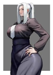 Rule 34 | 1girl, black eyes, black scrunchie, black shirt, black skirt, border, breasts, closed mouth, collared shirt, commentary, cowboy shot, dress, forehead, ghostdoctor, grey background, grey hair, hair ornament, hair scrunchie, hands on own hips, highres, jujutsu kaisen, large breasts, lips, long dress, long sleeves, looking afar, looking to the side, mei mei (jujutsu kaisen), necktie, ponytail, red lips, scrunchie, shirt, sidelocks, skirt, solo, white border, white necktie