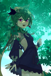 Rule 34 | 1girl, black dress, breasts, capelet, clothing cutout, collei (genshin impact), day, detached sleeves, dress, earrings, genshin impact, green capelet, green hair, hair between eyes, hair ornament, highres, jewelry, looking at viewer, medium hair, open mouth, outdoors, pink eyes, side cutout, single earring, small breasts, solo, tassel, yamimumemo
