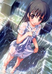 Rule 34 | 1girl, absurdres, barefoot, black hair, brown eyes, dress, dutch angle, from above, highres, long hair, one-piece swimsuit, original, scan, see-through, skirt hold, solo, swimsuit, swimsuit under clothes, takoyaki (roast), wading, water, waterfall, wet, wet clothes, wet hair