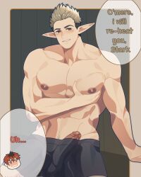 Rule 34 | 2boys, abs, alternate pectoral size, bara, black male underwear, boxers, bulge, come hither, elf, english text, erection, erection under clothes, grabbing own pectoral, highres, kraft (sousou no frieren), large pectorals, looking at viewer, male focus, male underwear, multiple boys, muscular, muscular male, navel, nipples, orexiscluster, pectorals, penis, penis peek, pointy ears, seductive smile, short hair, smile, solo focus, sousou no frieren, sparse navel hair, speech bubble, stark (sousou no frieren), stomach, thick eyebrows, topless male, uncensored, underwear, yaoi