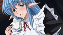 Rule 34 | 1girl, artist request, blue hair, blush, cum, cum in container, cum in cup, cum string, cumdrip, cup, drinking, elf, gokkun, happy, holding, holding cup, indoors, inyutsu no yakata the animation, long hair, maid, pointy ears, teacup
