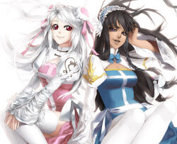 Rule 34 | 2girls, arch bishop (ragnarok online), black hair, blue bow, blue bowtie, blue dress, bow, bowtie, breasts, bun cover, cleavage cutout, closed mouth, clothing cutout, commentary, commission, cross, double bun, dress, english commentary, feet out of frame, hair bun, heart, heart print, juliet sleeves, long hair, long sleeves, looking at viewer, medium breasts, multiple girls, parted lips, pink dress, puffy sleeves, purple eyes, ragnarok online, red eyes, shilin, sitting, smile, tan, thighhighs, two-tone dress, white dress, white hair, white thighhighs