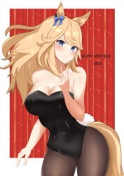 Rule 34 | 1girl, 2023, alternate costume, animal ears, arn7, bare arms, bare shoulders, black leotard, black pantyhose, blonde hair, blue bow, blue eyes, blush, bow, breasts, cleavage, commentary request, cowboy shot, dress, gold city (umamusume), hair bow, hand up, happy new year, highres, horse ears, large breasts, leotard, long hair, looking at viewer, new year, pantyhose, smile, solo, standing, strapless, strapless dress, swept bangs, tail, thighs, umamusume, v