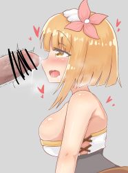 Rule 34 | 1boy, 1girl, blonde hair, blunt bangs, blush, breasts, censored, endro!, eyebrows, fai fai, flower, grey background, hair flower, hair ornament, heart, highres, imminent fellatio, large breasts, looking at penis, monochrome background, open mouth, penis, precum, saliva, shiny skin, short hair, simple background, skindentation, smile, tongue, trembling, twitching penis, uino nikka, yellow eyes