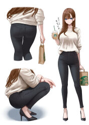 1girl absurdres akiyama_akane ass bag black_pants black_shoes blue_eyes breasts brown_hair collarbone commentary_request denim full_body high_heels highres holding holding_bag jeans long_hair medium_breasts multiple_views original pants shirt shoes shopping_bag smile squatting standing starbucks starbucks_siren sweater translated white_sweater yukimaru_ai