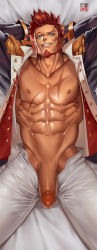 Rule 34 | 1boy, abs, alternate skin color, arms behind head, bara, bare pectorals, blue eyes, brown hair, cross scar, dakimakura (medium), dark-skinned male, dark skin, epaulettes, erection, facial hair, fate/grand order, fate (series), feet out of frame, fringe trim, goatee, grin, jacket, large pectorals, long sideburns, looking at viewer, male focus, mature male, military, military uniform, muscular, muscular male, na insoo, napoleon bonaparte (fate), navel, nipples, open clothes, open jacket, open pants, open shirt, pants, pectorals, penis, scar, scar on chest, shiny skin, short hair, sideburns, smile, smirk, smug, solo, spread legs, stomach, thick thighs, thighs, uncensored, uniform, white pants