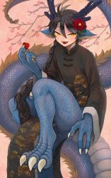 Rule 34 | 1boy, ahoge, androgynous, animal ears, animal feet, animal hands, antlers, bifuteki (bi futeki), blue scales, braid, braided ponytail, brown hair, changpao, cherry blossoms, chinese clothes, claws, digitigrade, dragon boy, dragon tail, fangs, flower, full body, hair flower, hair ornament, hand up, heart, highres, holding, holding heart, horns, knees up, long hair, long sleeves, looking at viewer, male focus, mandarin collar, monster boy, open mouth, original, pelvic curtain, pink background, scales, side slit, slit pupils, smile, solo, tail, tail ornament, trap, very long hair, wide sleeves, yellow eyes